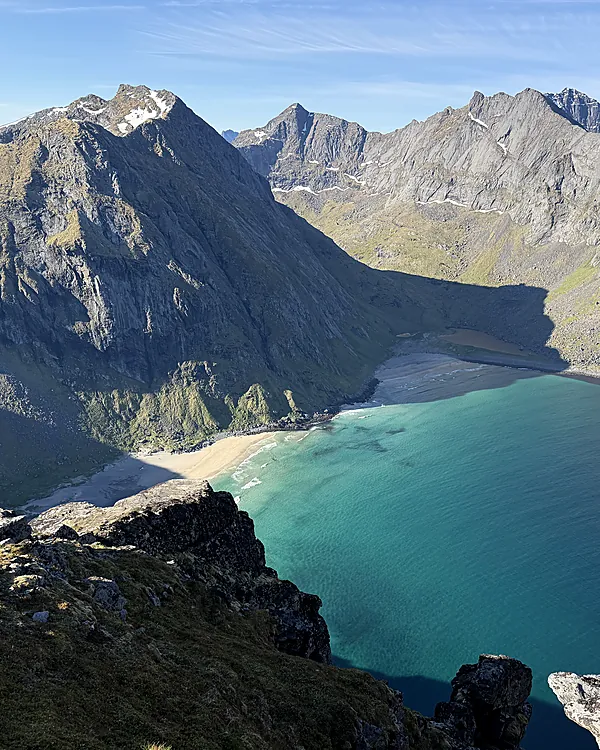 Kalvika Beach and the Lofoten peaks, seen from the ridge above, Norway